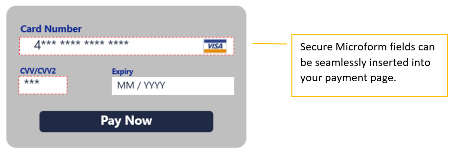 Example of the Microform payment form Interface with callout that states
                        secure Microform fields can be seamlessly inserted into your payment
                        page.