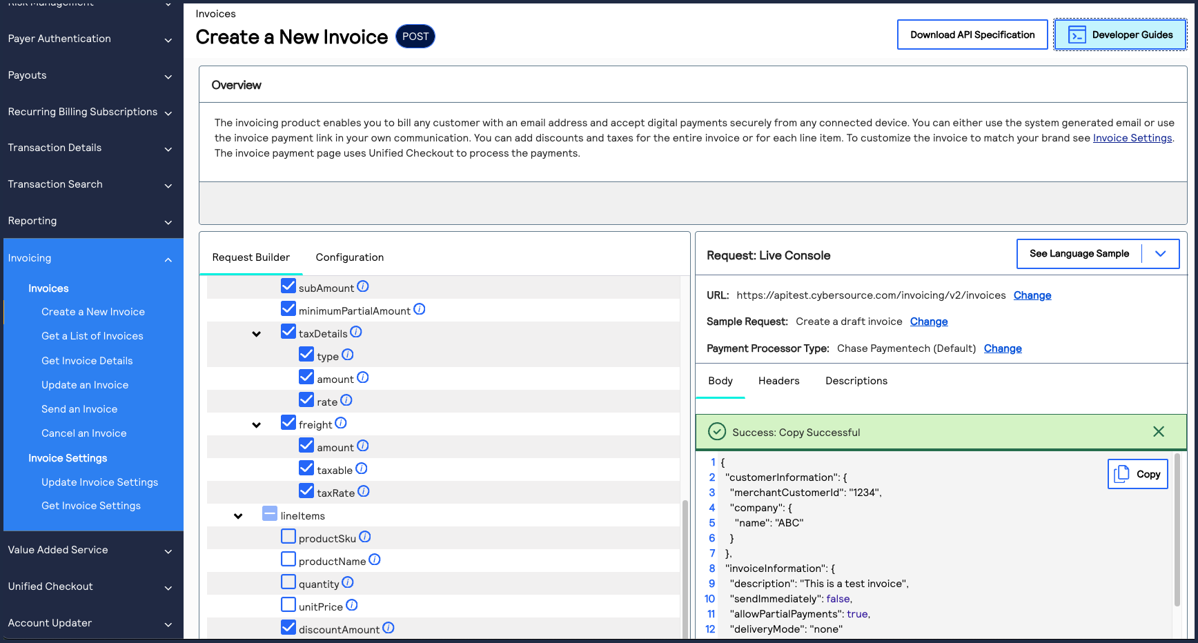 Image and link to the interactive code example for creating a new
                            invoice.