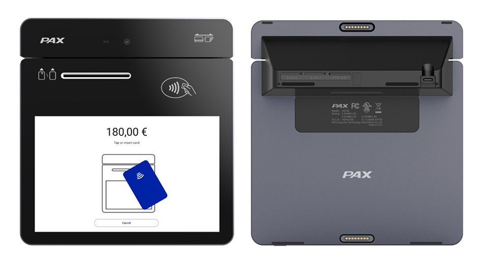 Front and back PAX A3700 product photos. The front photo shows the
                        device screen with an active transaction. The back photo shows the device
                        connection ports.